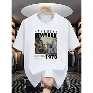 Men'S Fashion Casual PARADISE NEW YORK Print Regular Short Sleeve T-Shirt, Comfortable And Versatile