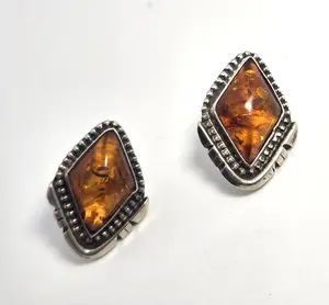 Running Bear Amber Tribal Native American sterling silver stud vintage earrings