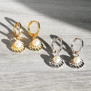 Seashell Pearl Earrings, Pearl Huggies Hoops, Bridal Jewelry, Wedding Jewelry, Freshwater Pearl Leverback Earrings, Gift for Her