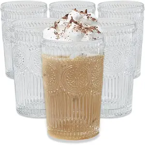 Kate Aspen Vintage Ribbed Glassware Set | 13 Oz Flower Design | Ideal for Cocktails & Iced Coffee | Set of 6