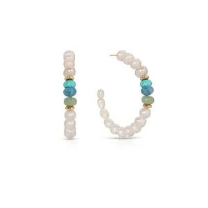 Beach Day Pearl and Gemstone Hoop Earrings – 18K Gold Plated Freshwater Pearl Summer Hoops for Women, Coastal Statement Jewelry