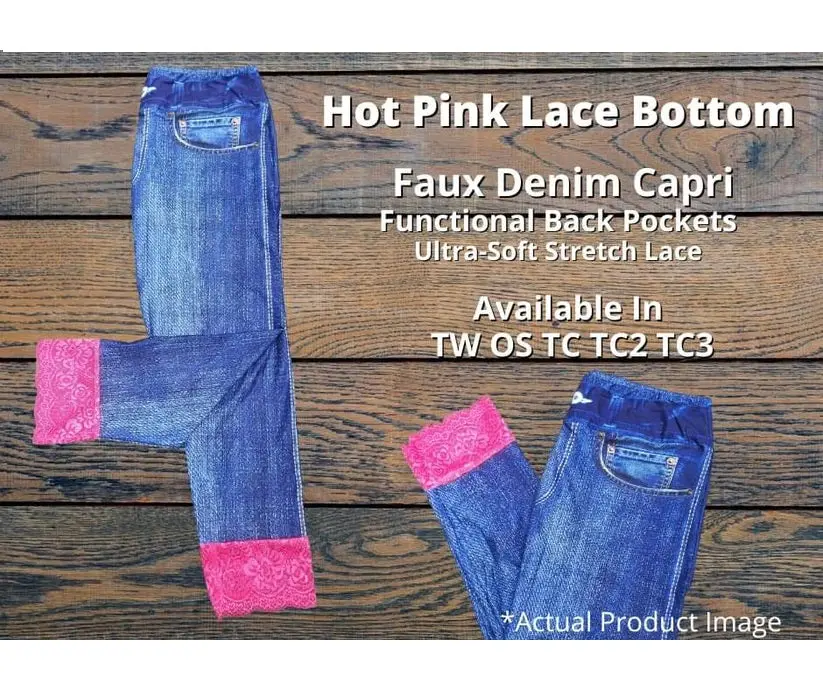 Faux Denim Capri Capris with Hot Pink Lace Bottom