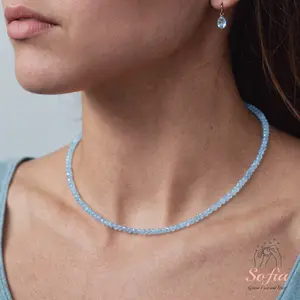 Tiny Gemstone Beaded Choker Necklace, Aquamarine Dainty Faceted Gemstone Beaded Necklace, Waterproof Crystal Beaded Choker, Dainty Minimalist Style for Women Handmade Adjustable, gift for her