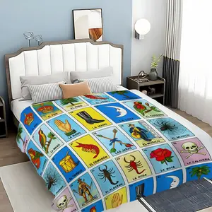 Mexican Lottery Game Card Blanket, Soft Knitted Fabric Multi-Size Warm Blanket, Home Decor, Comfortable Fashion Design, All Seasons Use, Gentle Soft Blanket