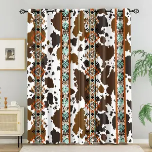 Western Cowboy Style Cow Print Navajo Geometric Totem Blackout Easy Install Curtain 2Pcs/Set, No Drill Ring Design, Washable Fabric, Bedroom Living Room Dorm Thermal Insulation, UV Protection, Ethnic Style Home Decor