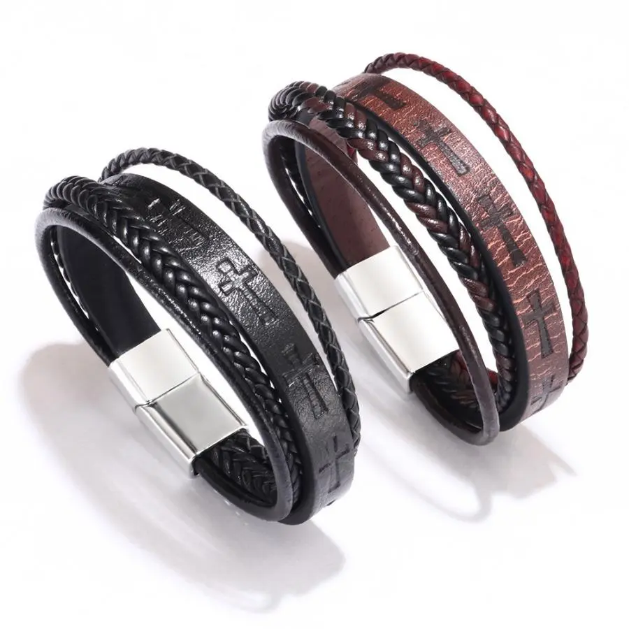 Men's Braided PU Leather Bracelet with Cross Motif, Elegant Multilayer Design with Magnetic Clasp, 22cm Length, Adjustable Size, Bracelet With Magnetic Clasp, Male