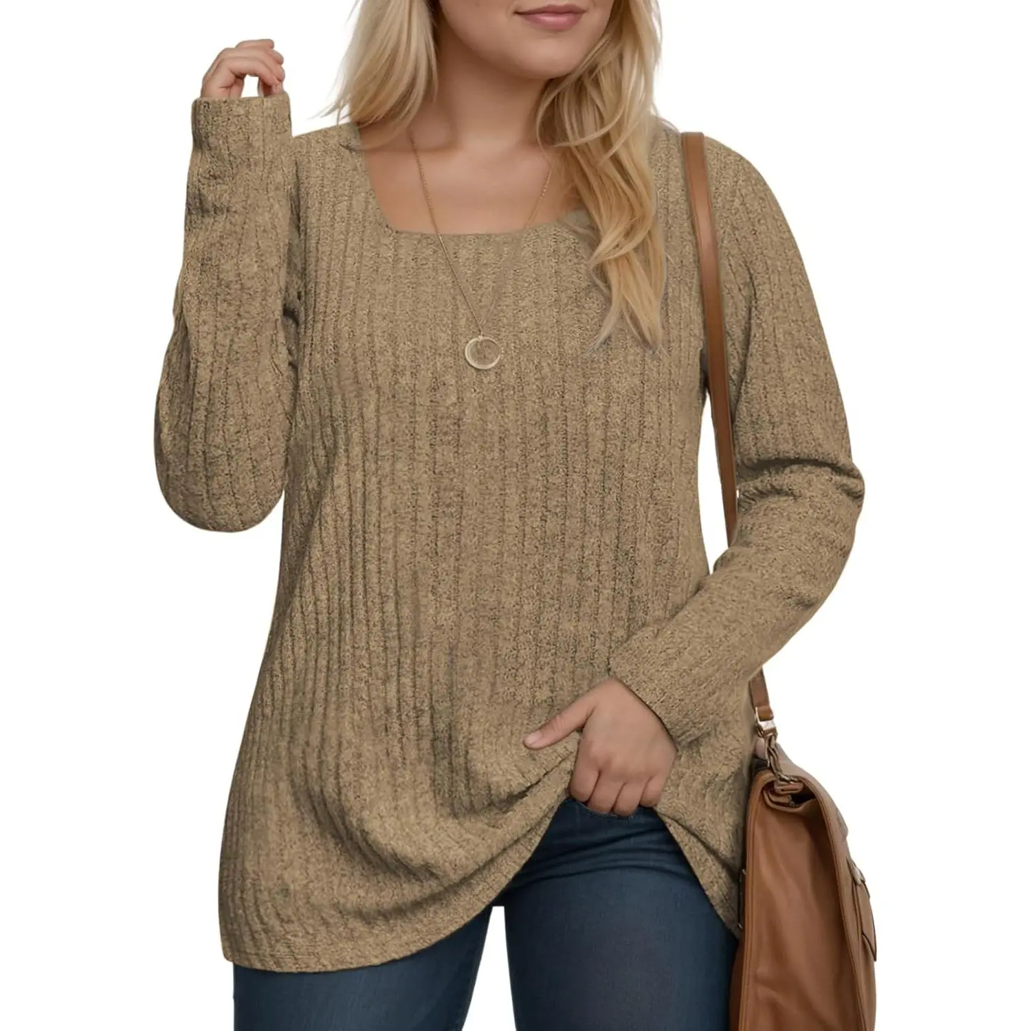 Plus Size Square Neck Knit Top for Women, Casual Long Sleeve Tunic Sweater, Lightweight Feminine Style for Leggings, Fabric, Knitwear