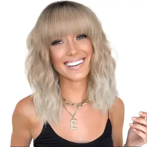 SummerVibes AISI HAIR Synthetic Wavy Curly Bob Wig with Bangs Short Bob Wavy Hair Wigs for Women Synthetic Heat Resistant Bob Wigs