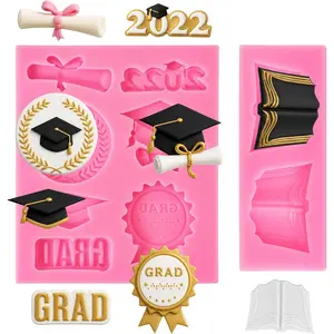 Graduation Chocolate Molds, 2Pcs Silicone Graduation Molds for Chocolate, Grad Cap Diploma Fondant Mold Candy Baking Moulds for Handmade Cake Cupcake Ice Cube Jello Soap Grad Party Decorations, Pink