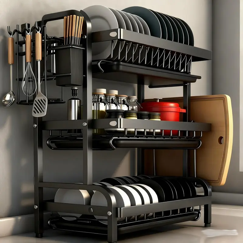 3 Tier Kitchen Storage Rack with Dish Drying Shelf, Utensil Holder, Cutting Board Rack and Spice Organizer for Countertop stainless cocina space-saving