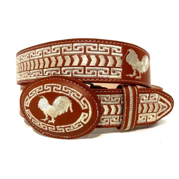 Men's Embroidered Rooster Western Leather Belt Cinto Vaquero Bordado Gallo