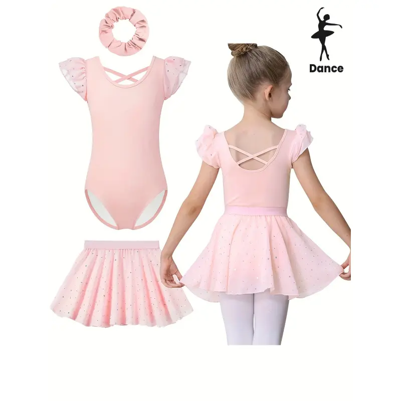 [3pcs Ballet Leotards] 3pcs Ballet Leotards Girls|   Ruffle Sleeves Dance Leotard with Detachable Shiny Skirt and Matching Hairband,-Back Design Dance &, Perfect Beach & Outdoor, Age 4-12