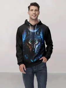 (Pearson selection) Xinjiku men's COOL wolf 3D printing men's casual long-sleeved hoodie, men's spring and autumn sweater, men's hoodie top, hooded sweater, casual and versatile, suitable for men to go out