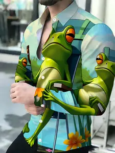 Men's Breathable Lapel Long Sleeve Funny Frog Print Cardigan