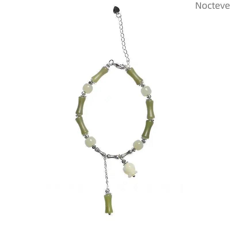 New Chinese Style Bamboo Segment Simulated Nephrite Jade Beaded Bracelet, Orchid Wind‑chime Charm, Niche INS‑Style Women Bracelet, Elegant Chinese Traditional Jewelry
