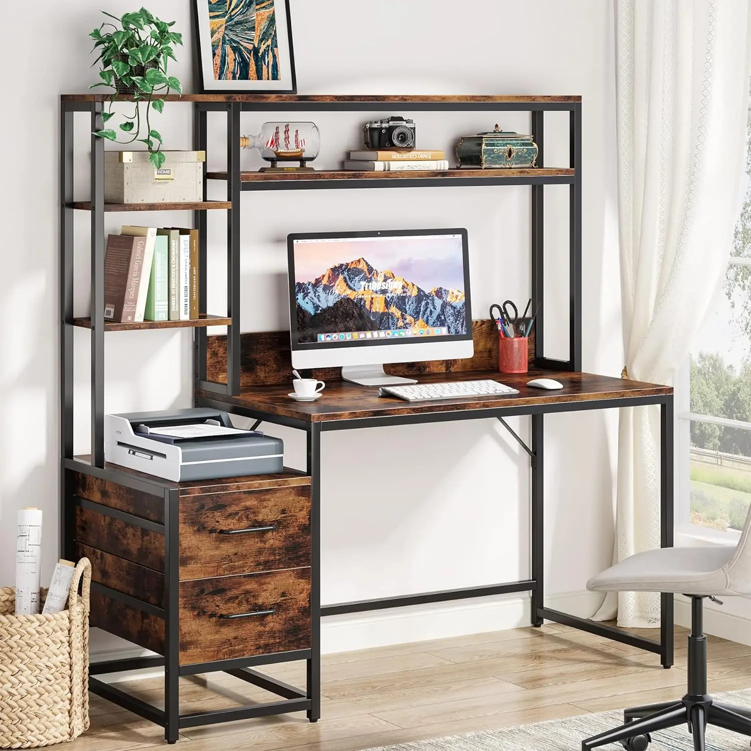 Tribesigns 55 Inch Computer Desk with 2 Drawers, Hutch, and Storage Shelves for Home Office Tribesigns 55 Inch Computer Desk with 2 Drawers, Hutch, and Storage Shelves for Home Office