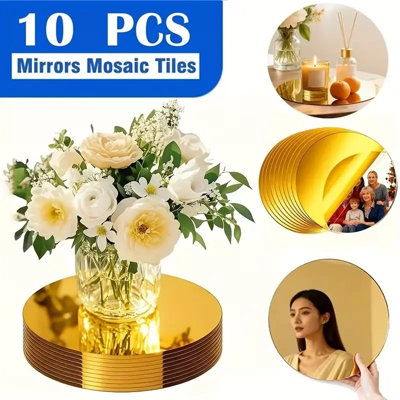 10 pieces Coaster Set, 20cm golden Round circular acrylic mirror table mat Drink Coasters, DIY home decoration, easy to install shatterproof desktop center decoration, wedding table decoration, party candle decoration, party decoration