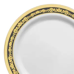 White with Black and Gold Royal Rim Plastic Appetizer/Salad Plates (7.5")