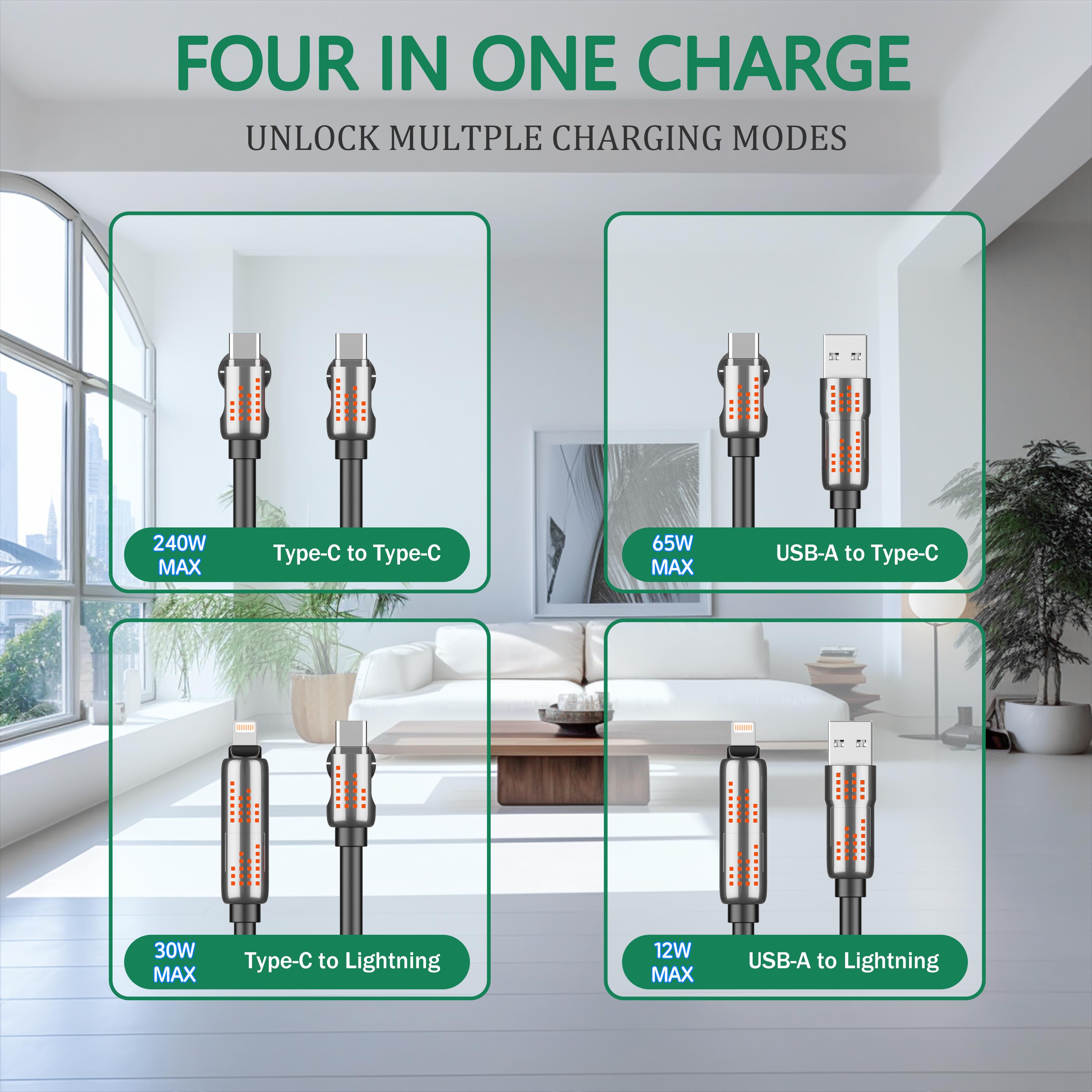 240W USB-C Cable with 4-in-1 Ports, Lightning, Type-C, USB-A | Fast PD 5A Charging for Phones, Tablets, Laptops