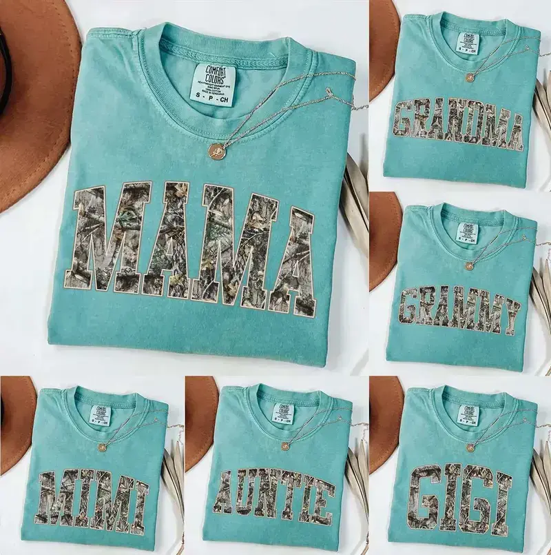 [Seafoam] Comfort Colors Custom Camo Mama Shirt, Hunting Mama Graphic Tee, Personalized Family Name T-Shirt, Vintage Varsity Mom Shirt, Mother’s Day Gift for Moms - AL