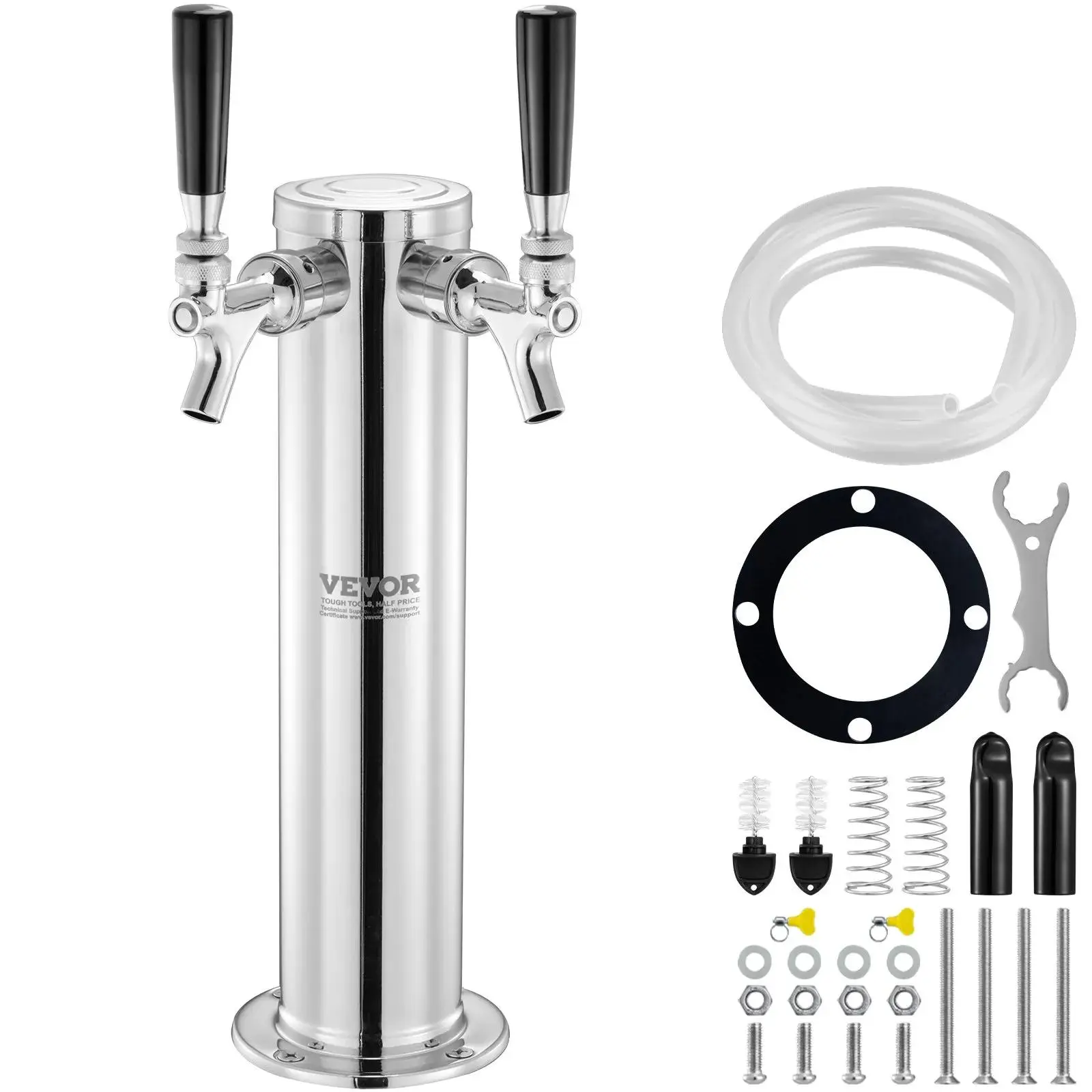【Summerfinds】VEVOR Dual Taps Draft Beer Tower Dispenser,  Stainless Steel Keg Beer Tower, Kegerator Tower Kit with Pre-Assembled Tubing and Self-Closing Faucet Shanks for Party, Bar, Pub, Restaurant
