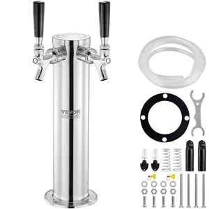 【Summervibes】VEVOR Dual Taps Draft Beer Tower Dispenser,  Stainless Steel Keg Beer Tower, Kegerator Tower Kit with Pre-Assembled Tubing and Self-Closing Faucet Shanks for Party, Bar, Pub, Restaurant