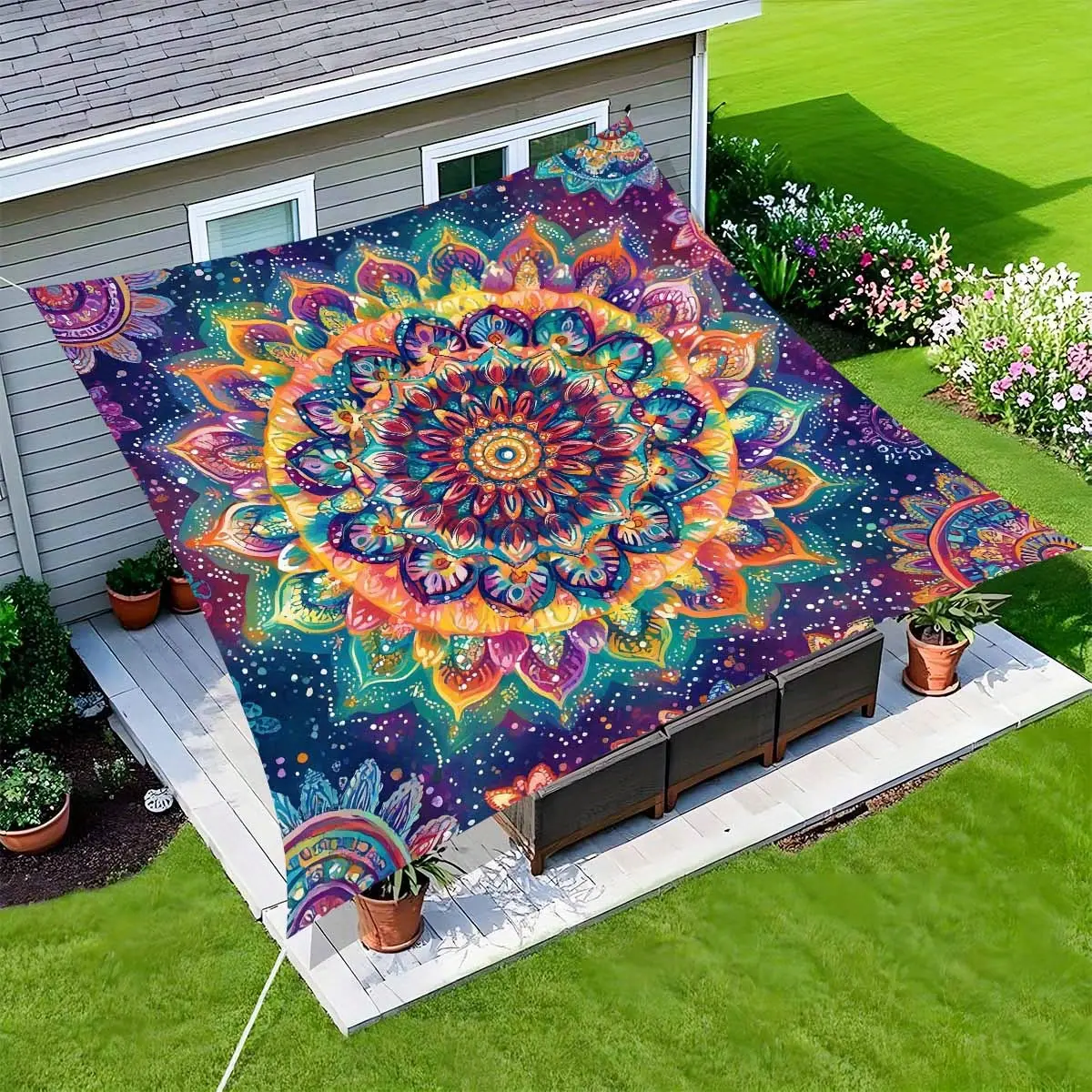 1pcs Camping Awning Psychedelic Rainbow Mandala Pattern Durable Lightweight and Portable Outdoor Awning for Beach Picnic  All Season Use Colorful and Durable Outdoor Accessory
