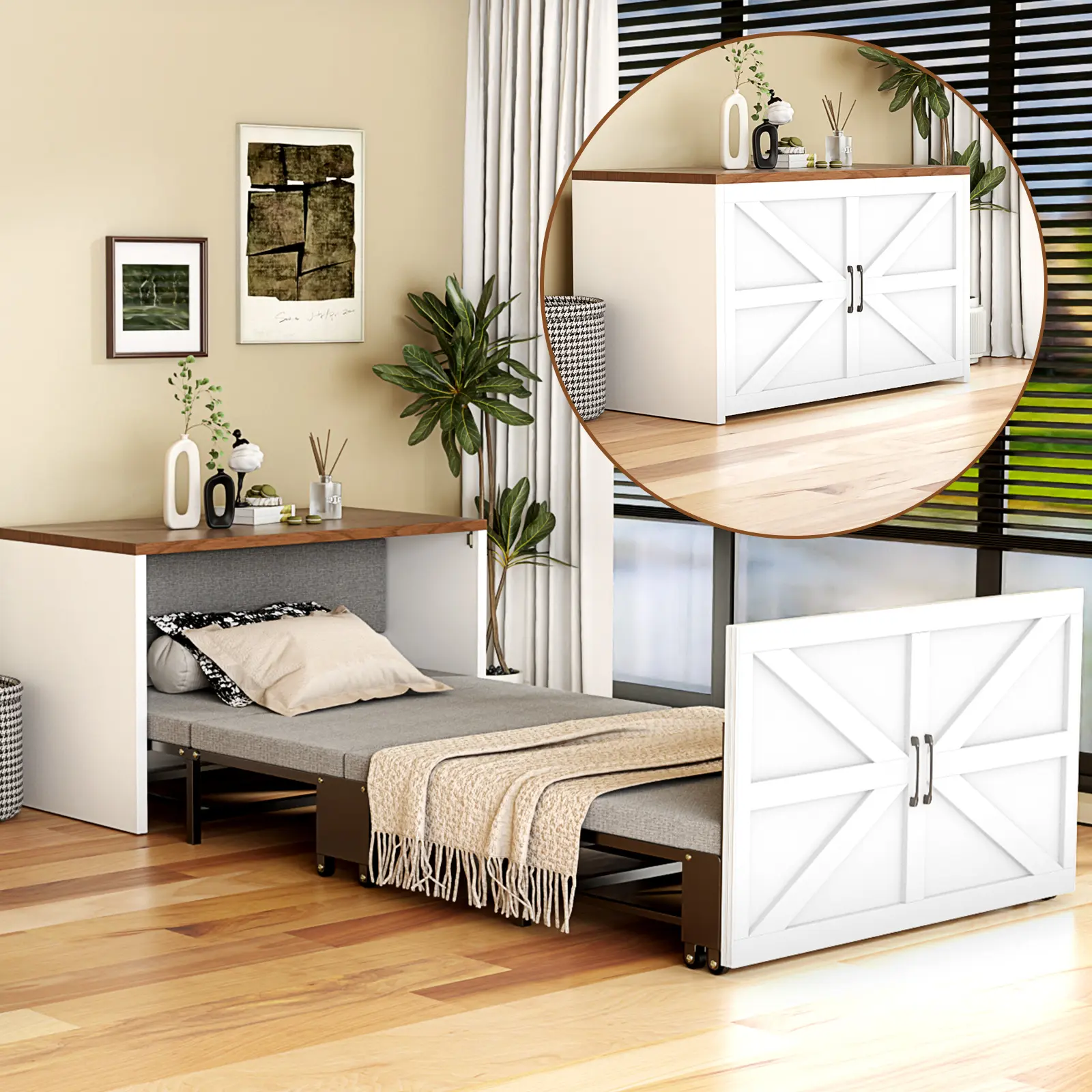 ABORON Murphy Bed Cabinet with Mattress, Hideaway Foldable Beds Space-Saving Pull Out Wooden Murphy Bed Chest for Small Room Home Office Guest Room Living Room