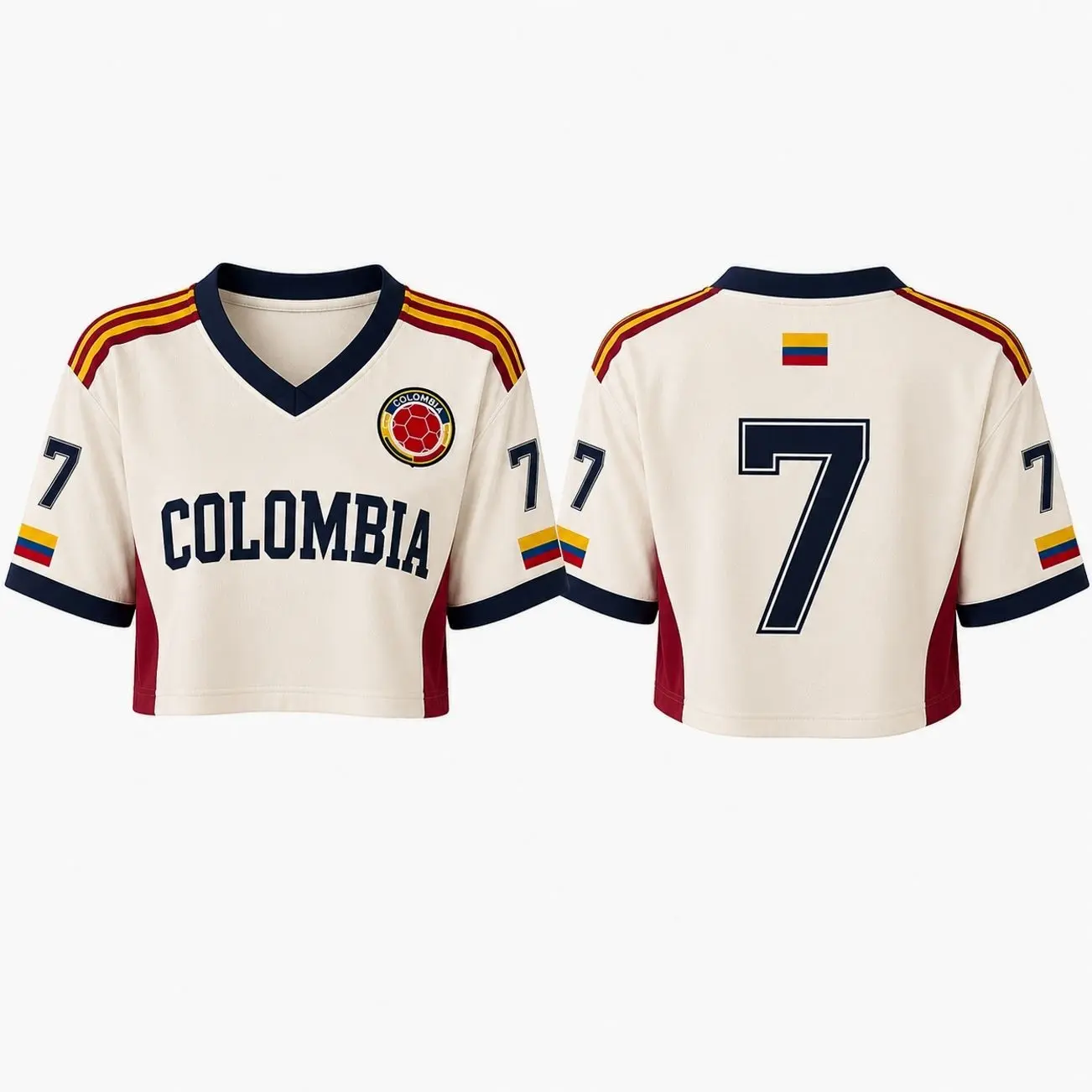 Women's Colombia Inspired Crop Top Jersey #7 | Vintage Cream Buttonless Crop Tee | Casual Summer Streetwear Top | Game Day Fashion Shirt