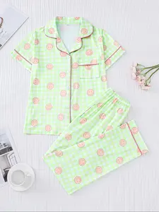 Women's Sleepwear Set, Smiley Plaid Print, Elegant Casual, Comfortable Lapel Short Sleeve Top & Wide Leg Pants, Holiday Party Wear