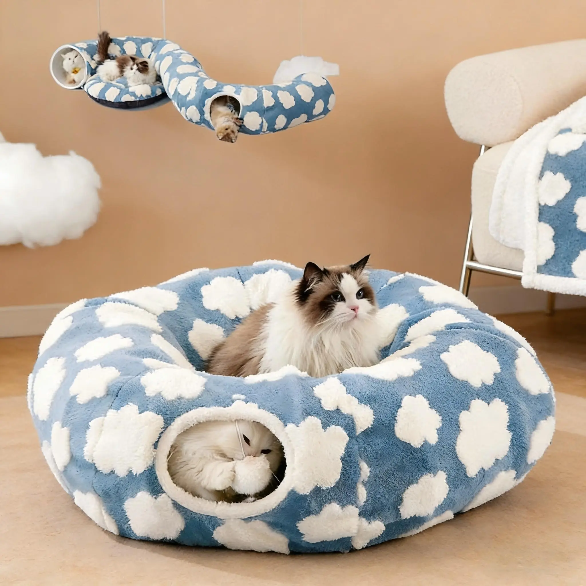 Indoor Cat Cave Bed – Cute Cat Donut Tunnel Toy for Small & Large Cats, Removable Washable Round Pad – Peekaboo Hideaway for Kittens, Puppies, Bunnies – Cloud Blue