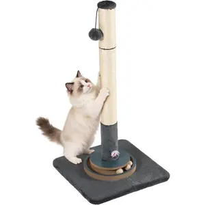 31.5" Tall Cat Scratching Post, Natural Sisal Scratcher with Large Plush Base & Interactive Toys for All Cats,Grey