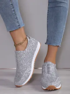 Women's Glitter Slip-On Aggressive Shoes, Bright Surface Casual Sports Shoes, Versatile Flat Heel Trendy Shoes, All-Season Fashion Footwear, Flat Sneakers