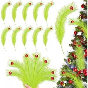 24 count Christmas Picks and Sprays, Christmas Tree Filler Green Curly Greenery Stems,Artificial Lime Green Stems with Red Ball for CraftsTree Decor, Decorations