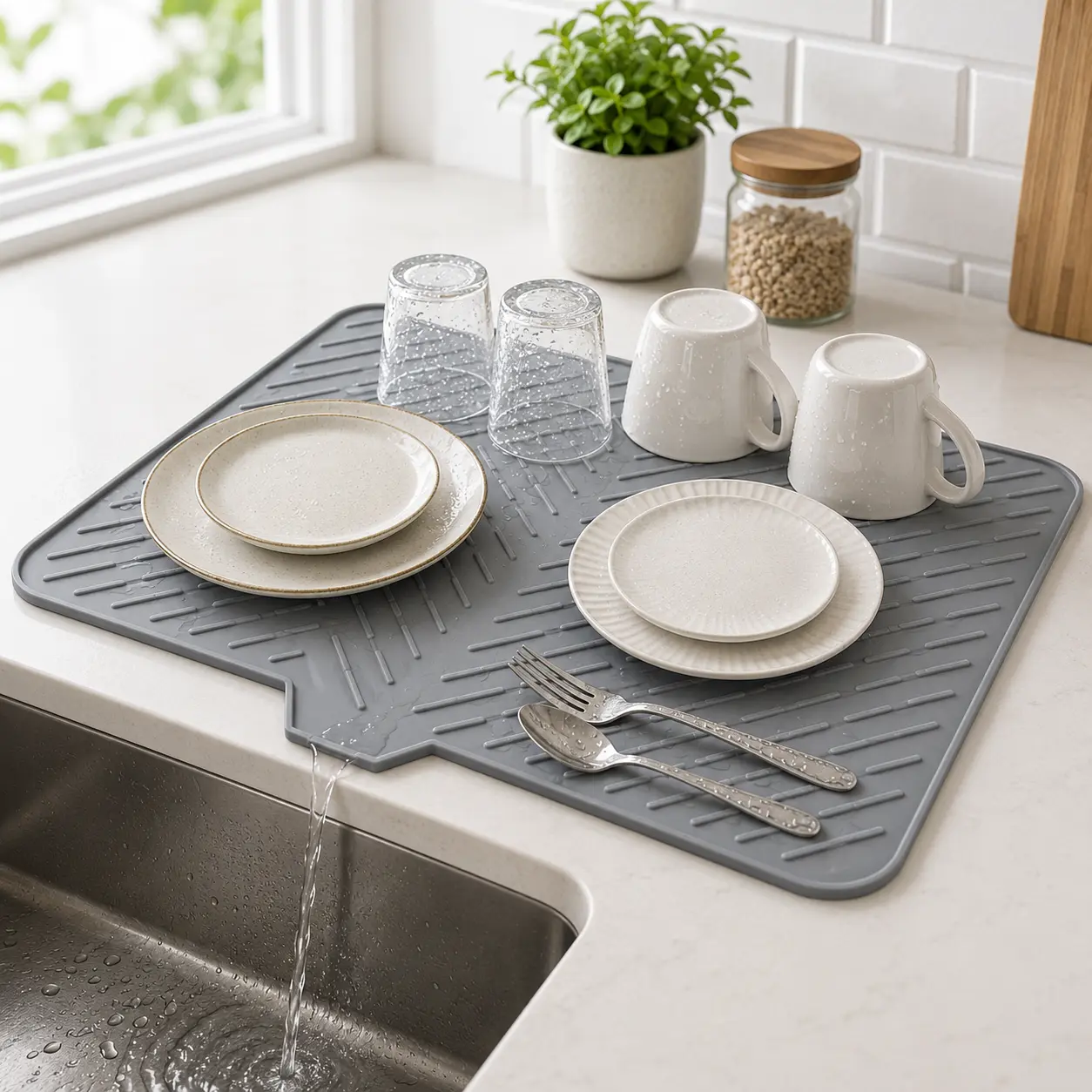Silicone Rubber Kitchen Drying Mat, 23"x17" with Built-in Lip, Efficient Water Drainage, Heat Resistant, Eco-Friendly, Hygienic Pad for Counter/Sink for Kitchen Tasks
