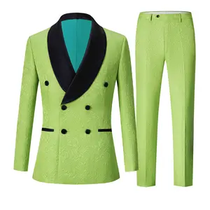 Mens 2 Piece Double Breasted Tuxedo Slim Fit Jacquard Floral Vintage Groomsmen Wedding Prom Suit -Green suit jacket Slim Fit