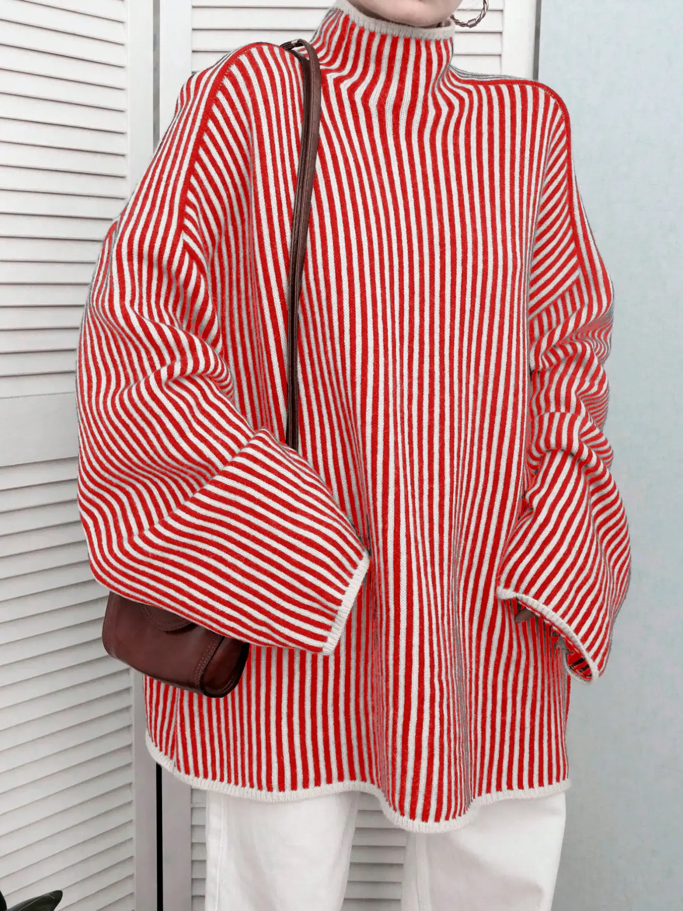 Women's Winter Plus Size Half High Neck Pullover Knit Striped Colorblock Sweater, Knitwear Casual Fashion Long Sleeve Top for Daily Wear Womenswear