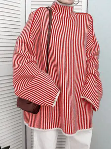 Women's Winter Plus Size Half High Neck Pullover Knit Striped Colorblock Sweater, Knitwear Casual Fashion Long Sleeve Top for Daily Wear Womenswear