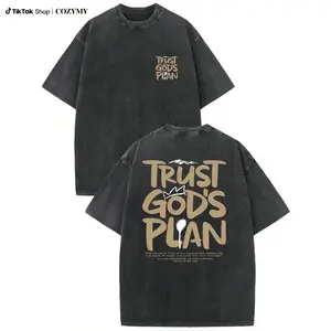 1 Piece, 230G Double-Sided Water Wash, Believe In God's Plan1 Piece, Washed Printed T-Shirt 230g, High-Quality Batik Cotton Retro Fashion Brand T-Shirt, A Certain Thickness Suitable For Summer T-Shirts, Holiday Gifts.