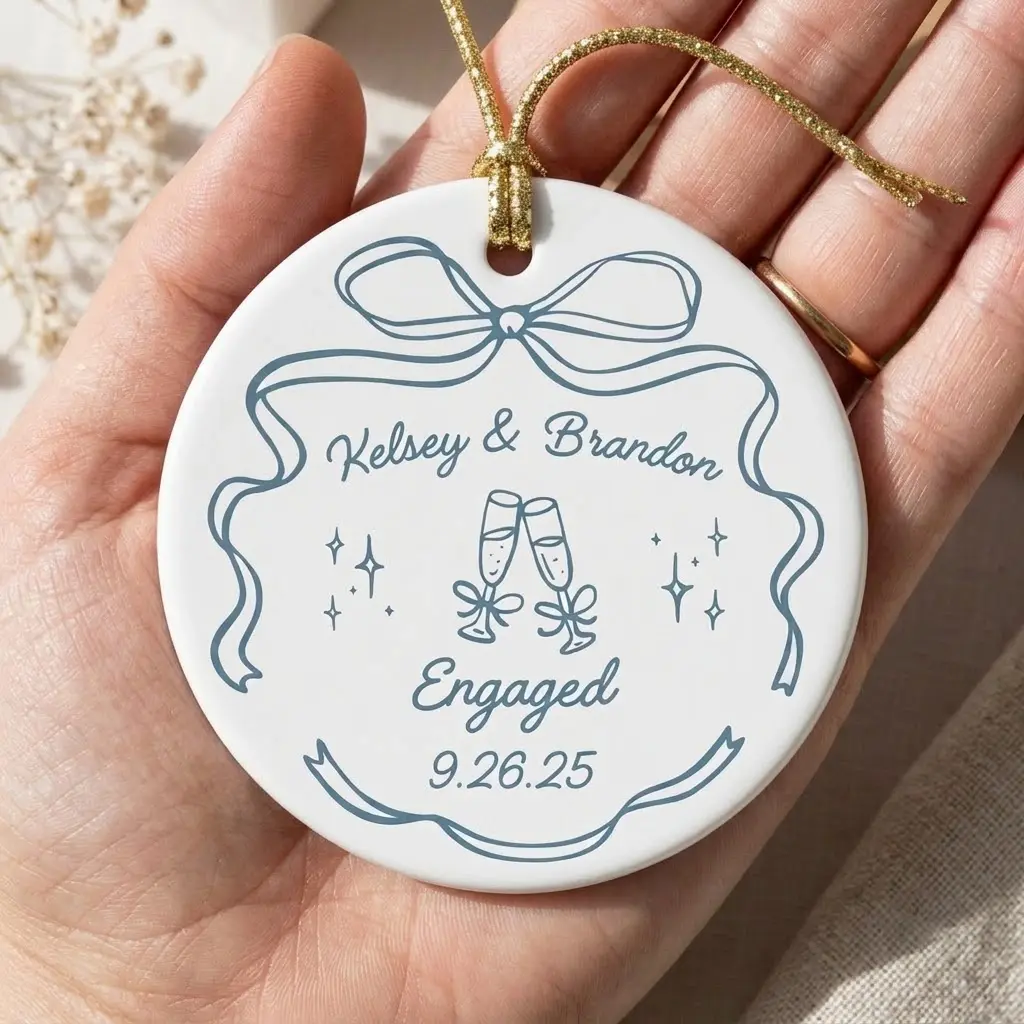 Personalized Engaged Ornament, Custom Engagement Gift, First Christmas Engaged, Ceramic Engagement Keepsake
