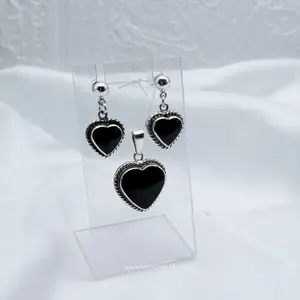 950 Silver Onyx Heart Set Pendant & Earrings Elegant Charm Jewelry Collection
