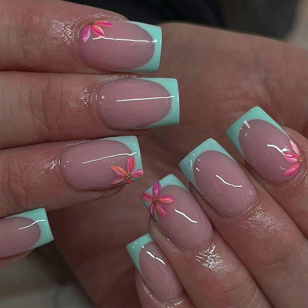 24pcs Summer Home Nail Art Kit, Soft Short Square Nails, French Tip Nails, Mint French Flower Design, Easy Peel & Stick, No Bake Needed, Nail Kit Set