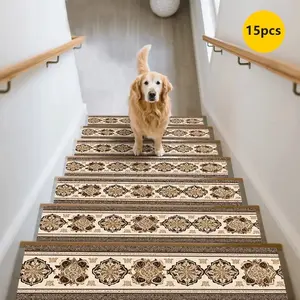 15pcs Non-Slip Durable Stair Mats European Pattern Carpet, Home Use Stair Step Pads, Decorative Anti-Slip Mat, Stair Protection Rug