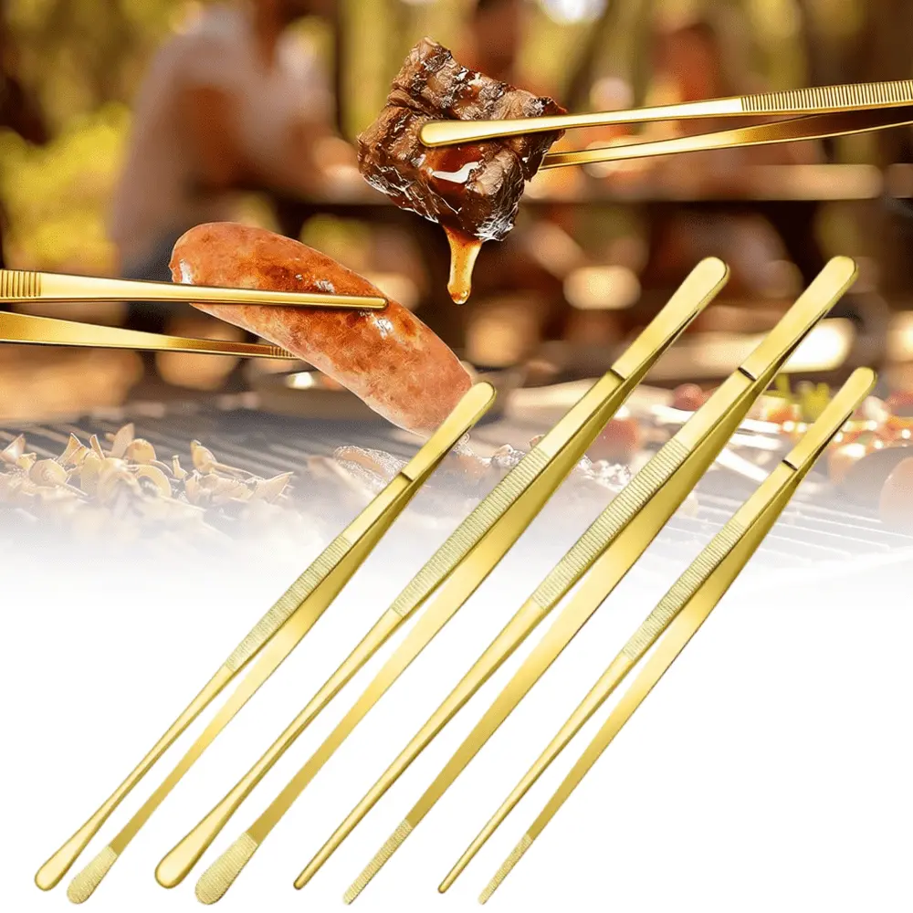 4Pcs/Set Gold Fine Long Tweezer Tongs,12'' and 10'' Stainless Steel for Kitchen,Food,Cooking,Repairing,Sea food and BBQ,Halloween Christmas Party Gifts,Hand Tools Kits