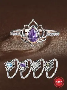 S925 Sterling Silver Lotus Design Ring, Fashion Temperament Classic Retro Ring, Zircon Flower Women Exquisite Jewelry Anniversary Gift