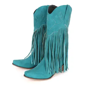 Women's Fringe Denim Cowgirl Boots Pointed Toe Mid Calf Cowboy Boots Chunky Stacked Heel Western Boots Walking Shoes Footwear for Halloween Fall