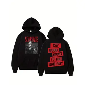 [Scarface Hoodie] Scarface-Inspired Hoodie, Black with Red Accents, Polyester, Long Sleeve Pullover with Pockets | Casual Spring/Fall Wear, Bold Graphic Hoodie, Men's & Women's