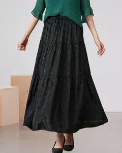 Women's Black High-Waist Tiered Midi Skirt - Flowy A-Line with Elegant Drape  LE-DQ042