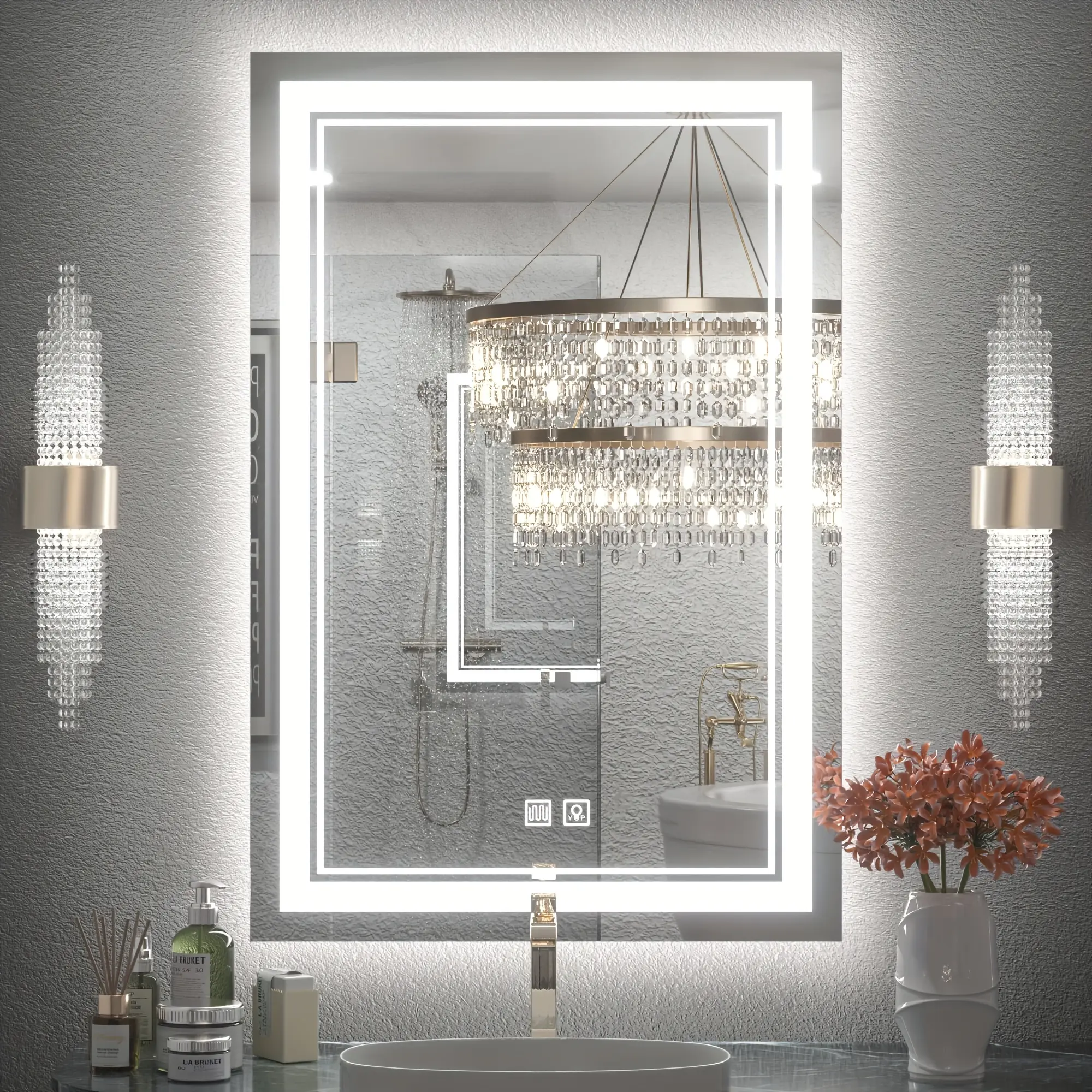 SHAMATE Smart LED Vertical Rectangle Wall Mirror - 23.62x15.75in Tempered Glass Bathroom Fixture, Dual Touch Buttons, Brightness Adjustment via Long Press, Defogging Function, Polished Glass Vanity Front
