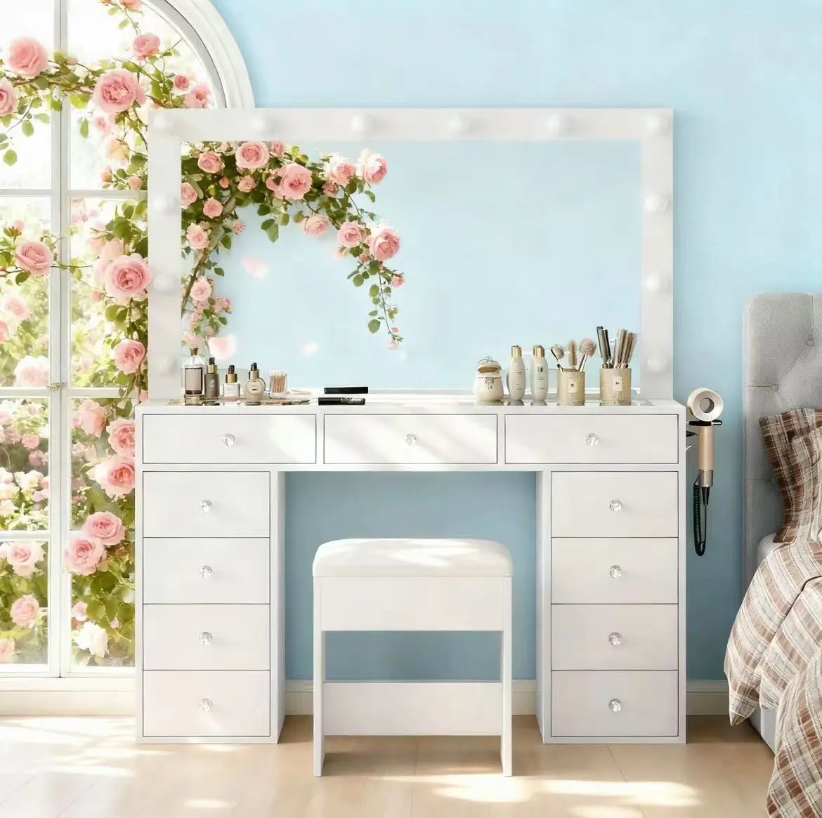 CollaredEagle Vanity Desk with Tempered Glass Topwith & Power Outlet, 11 Drawers Vanity Table with 3 RGB Drawers & Chair, Makeup Vanity with 12 LED Lights, Dressing Table for Bedroom,Dressing Room